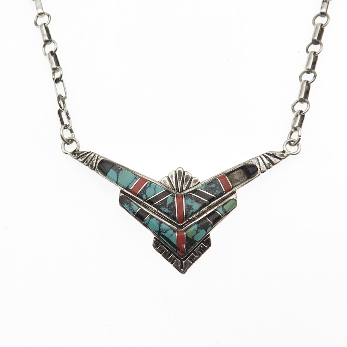 Calvert Lamy Zuni Old Pawn 925 Sterling Multi-Gem Necklace 16" (missing 1 stone)