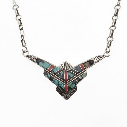 Calvert Lamy Zuni Old Pawn 925 Sterling Multi-Gem Necklace 16" (missing 1 stone)