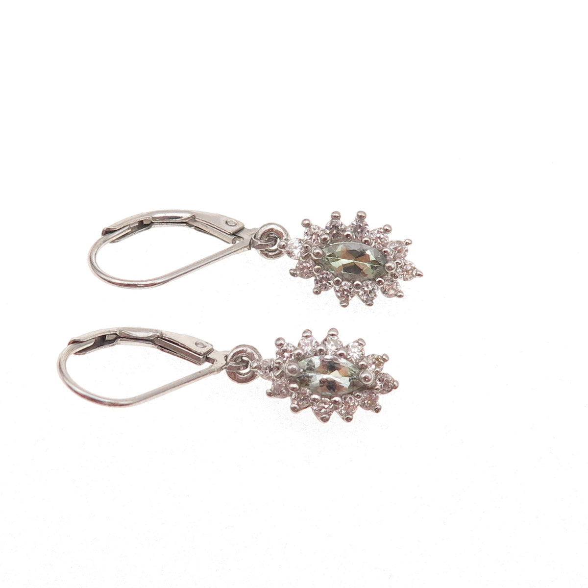 925 Sterling Silver Real Green Amethyst & White Topaz Dangle Earrings