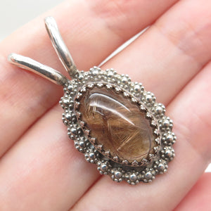 DAVID Sterling Silver Vintage Real Rutilated Quartz Granulated Flower Pendant