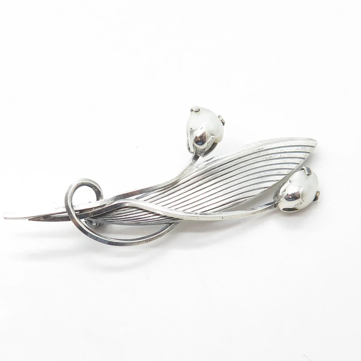 925 Sterling Silver Antique Art Deco Germany Faux Pearl Leaf Floral Pin Brooch