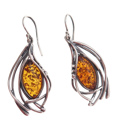 Hagit Gorali Sterling Silver Vintage Israel Real Amber Modernist Dangle Earrings