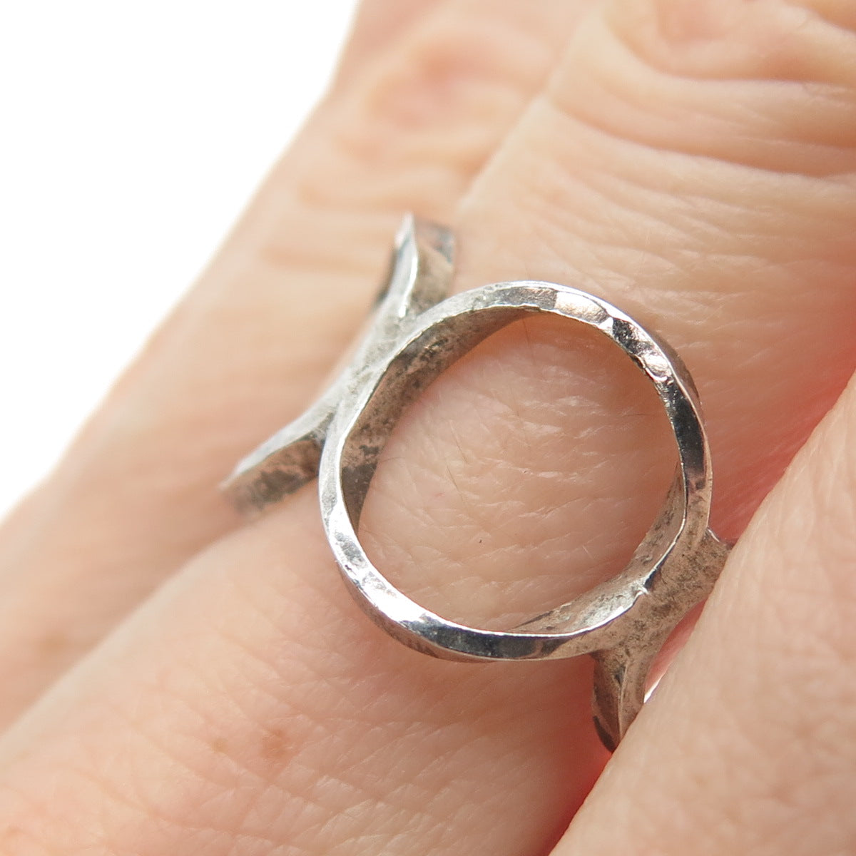 925 Sterling Silver Vintage Modernist Circle Link Adjustable Ring Size 8.25
