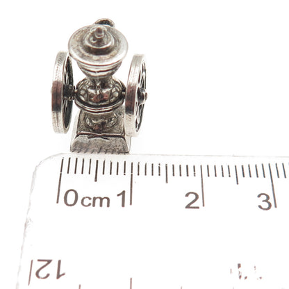 925 Sterling Silver Vintage Coffee Grinder Oxidized 3D Mini Open Charm Pendant