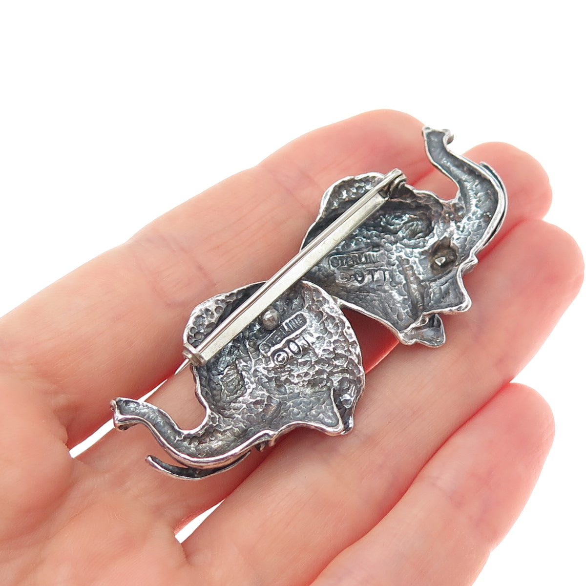 TED OTT 925 Sterling Silver Vintage Double Headed Elephant Oxidized Pin Brooch