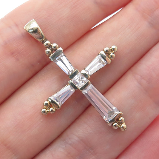 925 Sterling Silver Gold Plated Multi-Cut C Z Beaded Cross Pendant