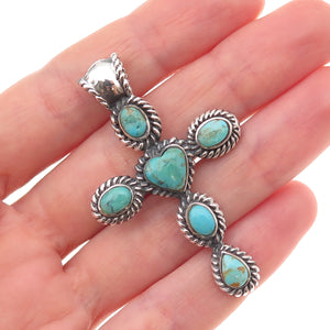 925 Sterling Silver Vintage Real Turquoise Heart Cross Oxidized Charm Pendant