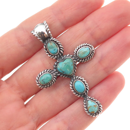 925 Sterling Silver Vintage Real Turquoise Heart Cross Oxidized Charm Pendant