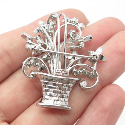 925 Sterling Silver Vintage Carl Art Rhinestone Floral Basket Pin Brooch