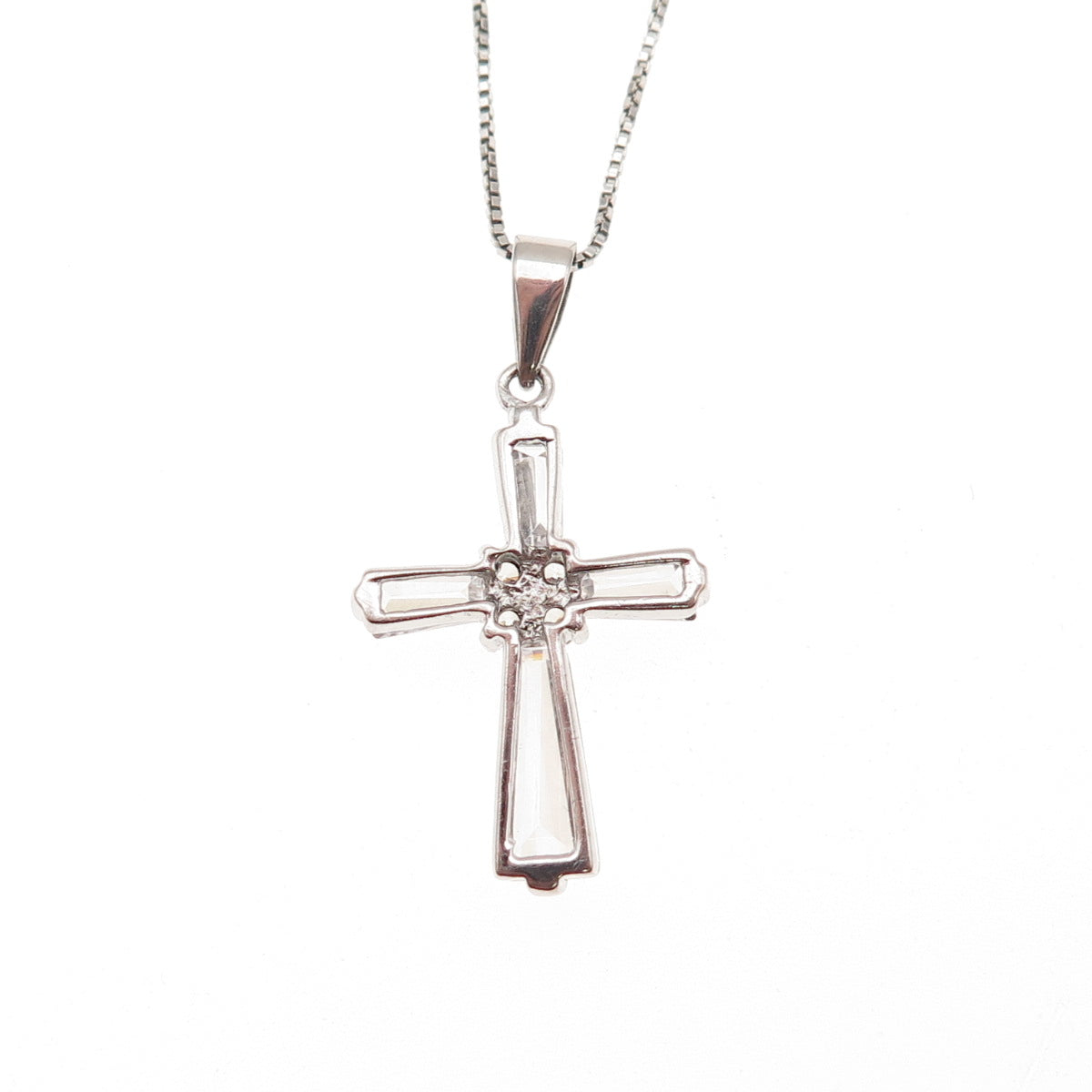 925 Sterling Round & Tapered Baguette-Cut C Z Cross Box Chain Necklace 18"