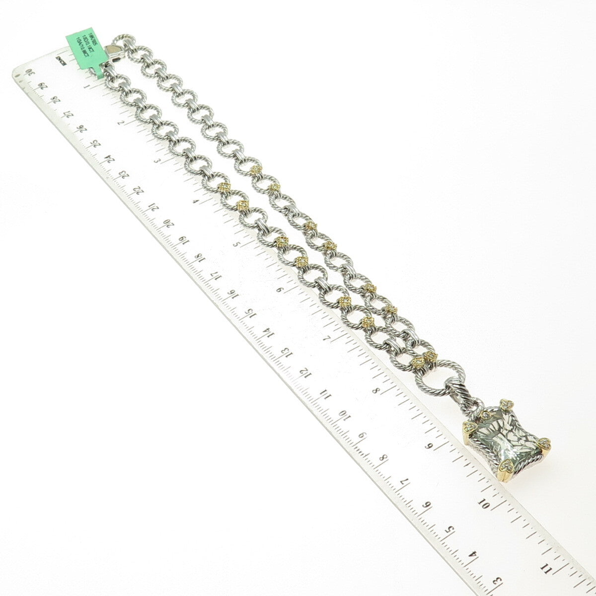DANWAK 18K Gold Sterling 13 Diamond 0.19ct & Green Amethyst 10.88ct Necklace 16"