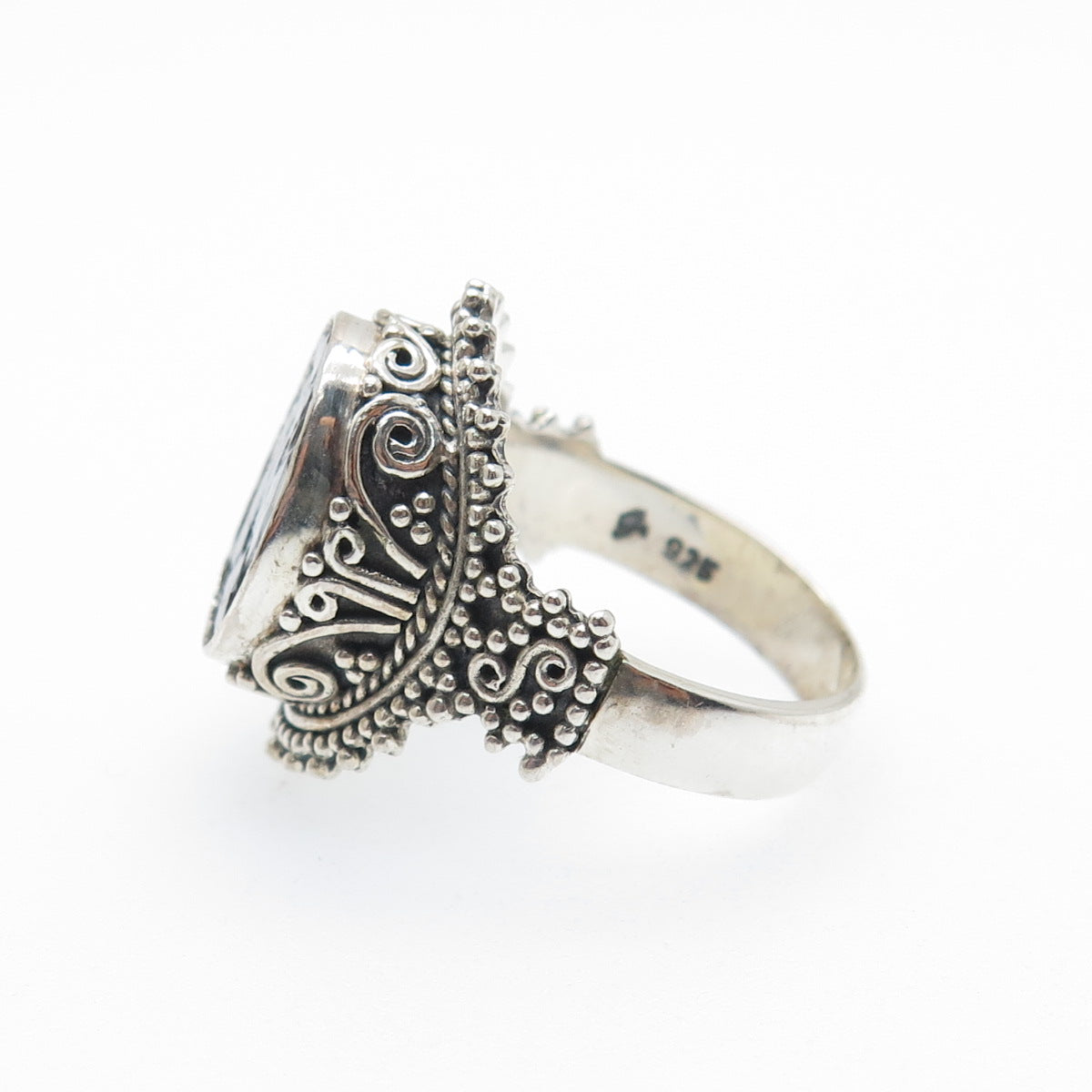 SAMUEL BENHAM Sterling Silver Vintage Real Diamond Inlay Granulated Ring Size 6