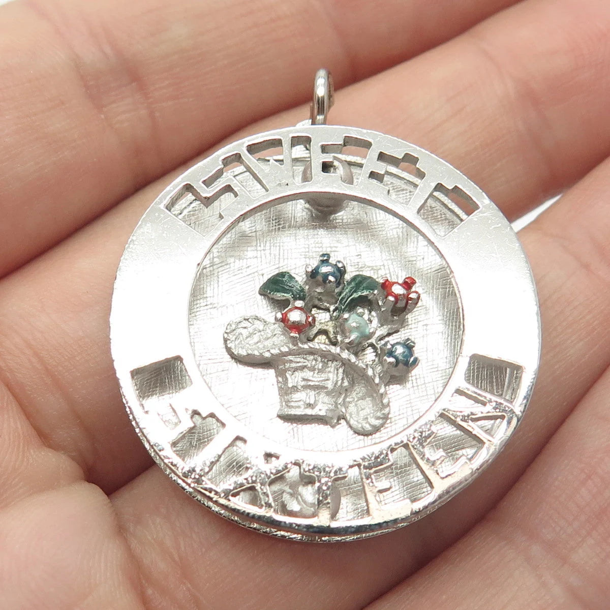925 Sterling Silver Vintage Enamel "Sweet Sixteen" Floral Basket Round Pendant