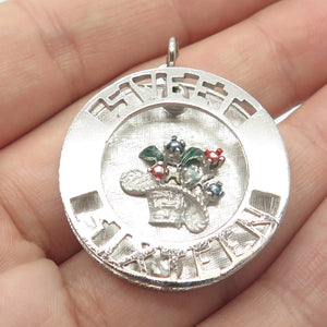 925 Sterling Silver Vintage Enamel "Sweet Sixteen" Floral Basket Round Pendant