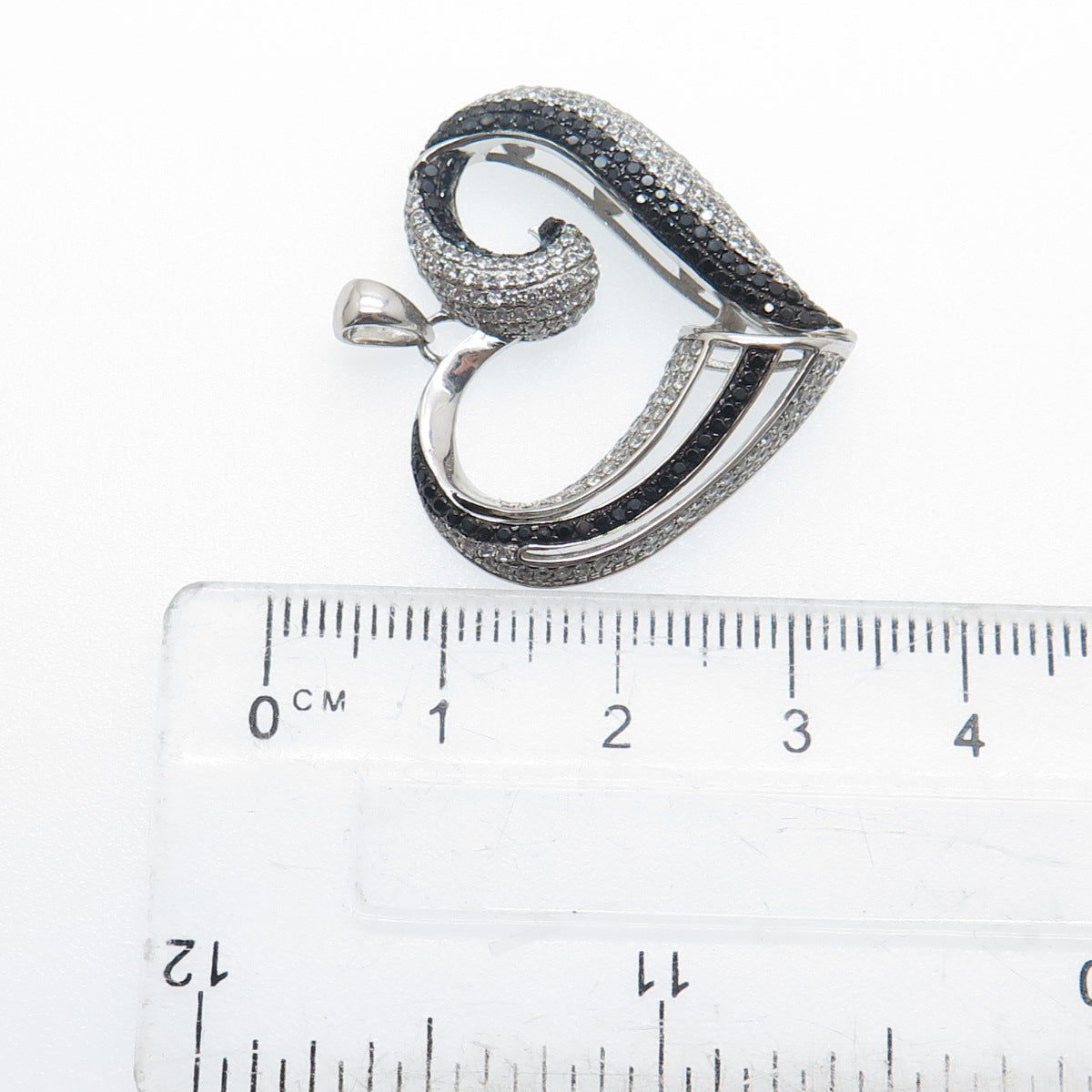 925 Sterling Silver Real Round-Cut Black Spinel & C Z Heart Pendant