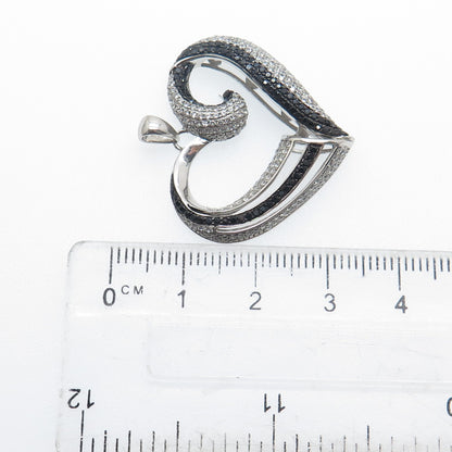 925 Sterling Silver Real Round-Cut Black Spinel & C Z Heart Pendant