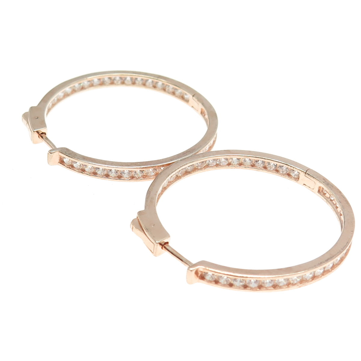 925 Sterling Silver Rose Gold Plated Round-Cut C Z In & Out Hoop Earrings