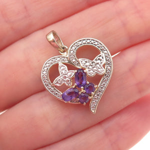 925 Sterling Silver Real Diamond Accent & Amethyst Butterfly Heart Charm Pendant