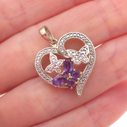 925 Sterling Silver Real Diamond Accent & Amethyst Butterfly Heart Charm Pendant