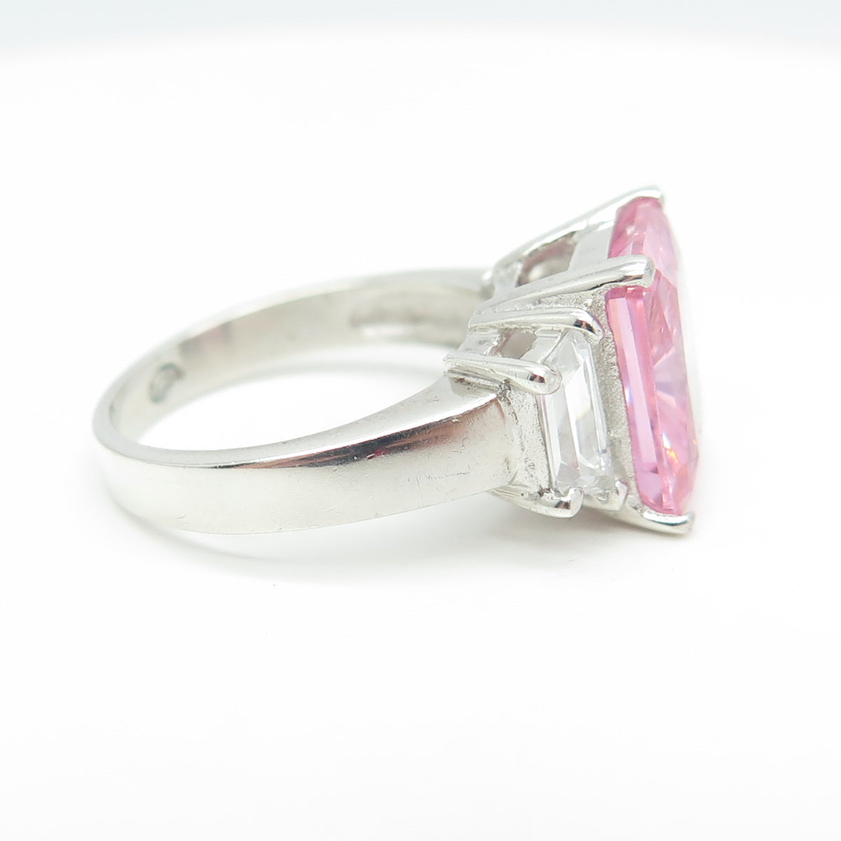 925 Sterling Silver Radiant-Cut Pink & White C Z Ring Size 8
