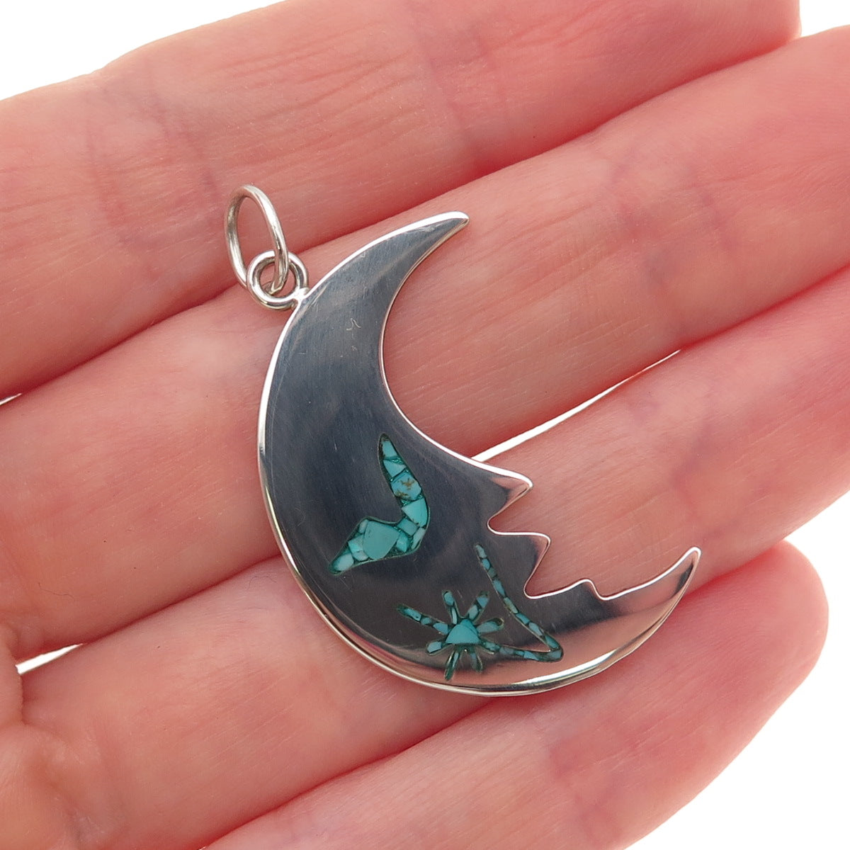 925 Sterling Silver Vintage Real Turquoise Inlay Crescent Moon Charm Pendant