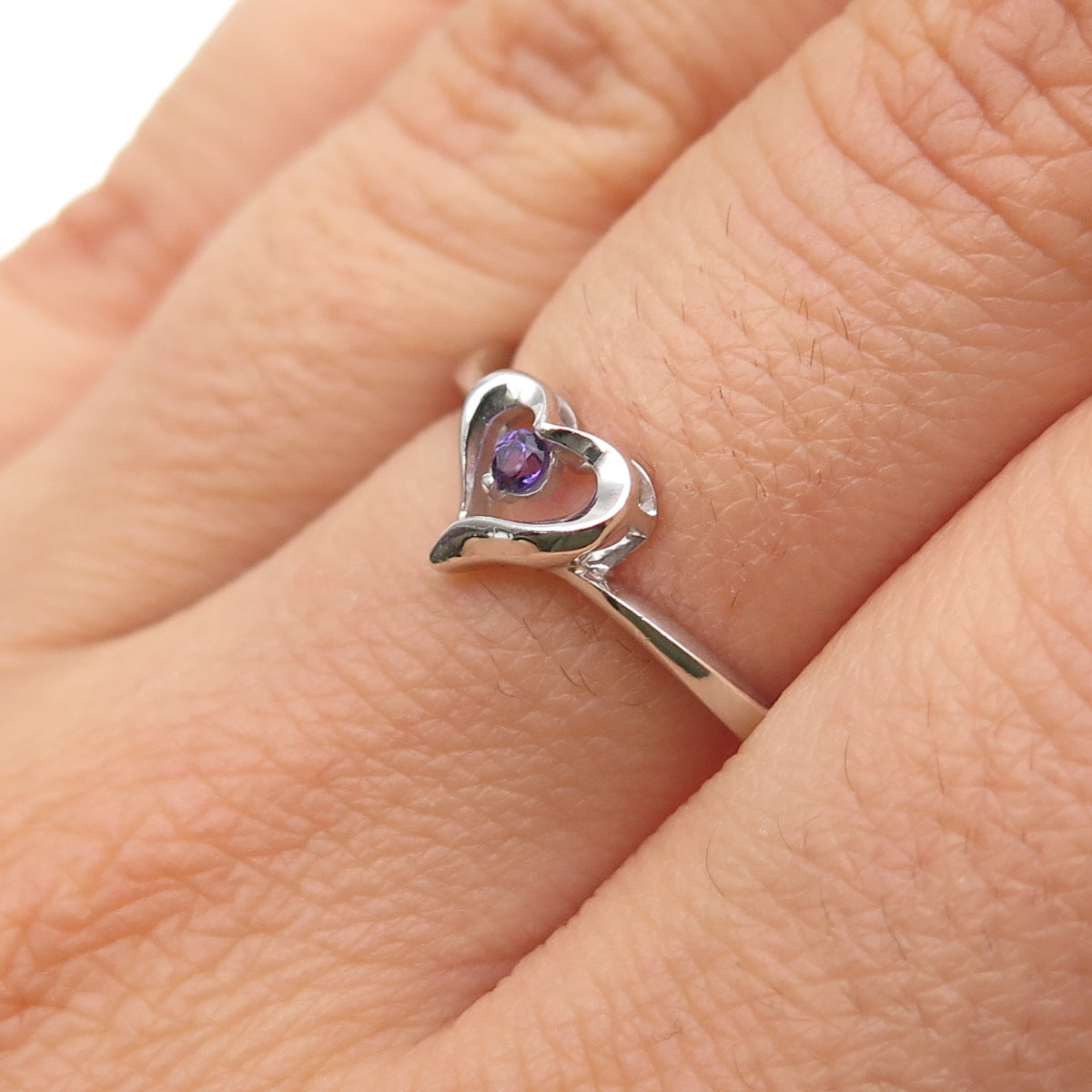 925 Sterling Silver Real Round-Cut Amethyst Heart Ring Size 6.75