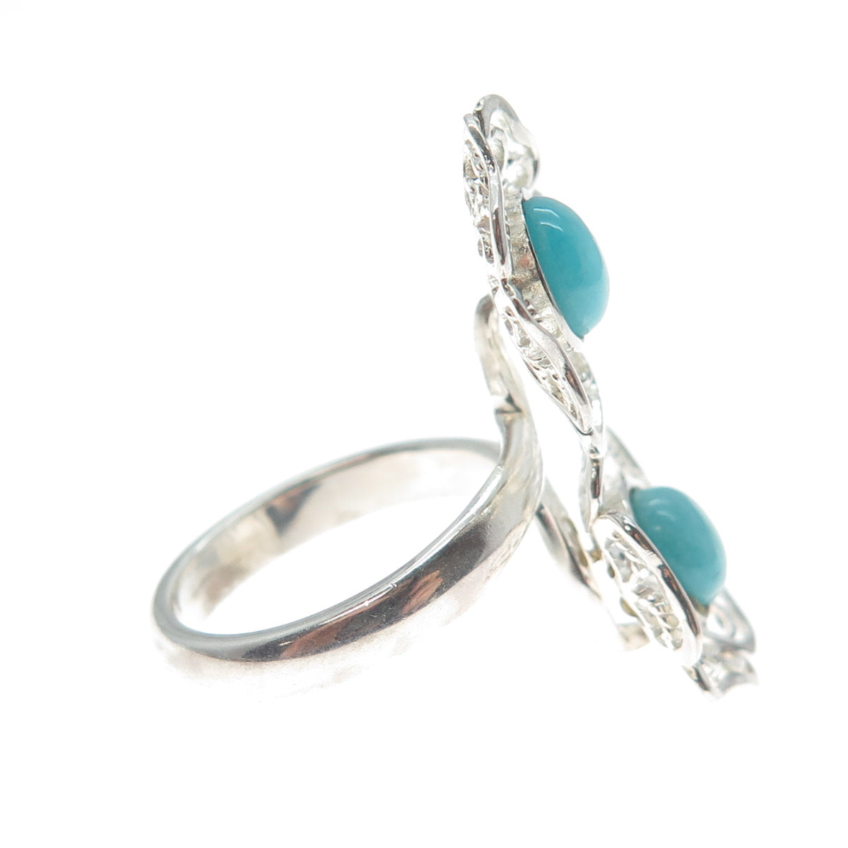 RIDER 950 Silver Vintage Real Turquoise Flower Blossom Bypass Ring Size 7
