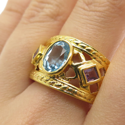 ROSS SIMONS 925 Sterling Gold Plated Vintage Blue Topaz Amethyst Ring Size 7.75