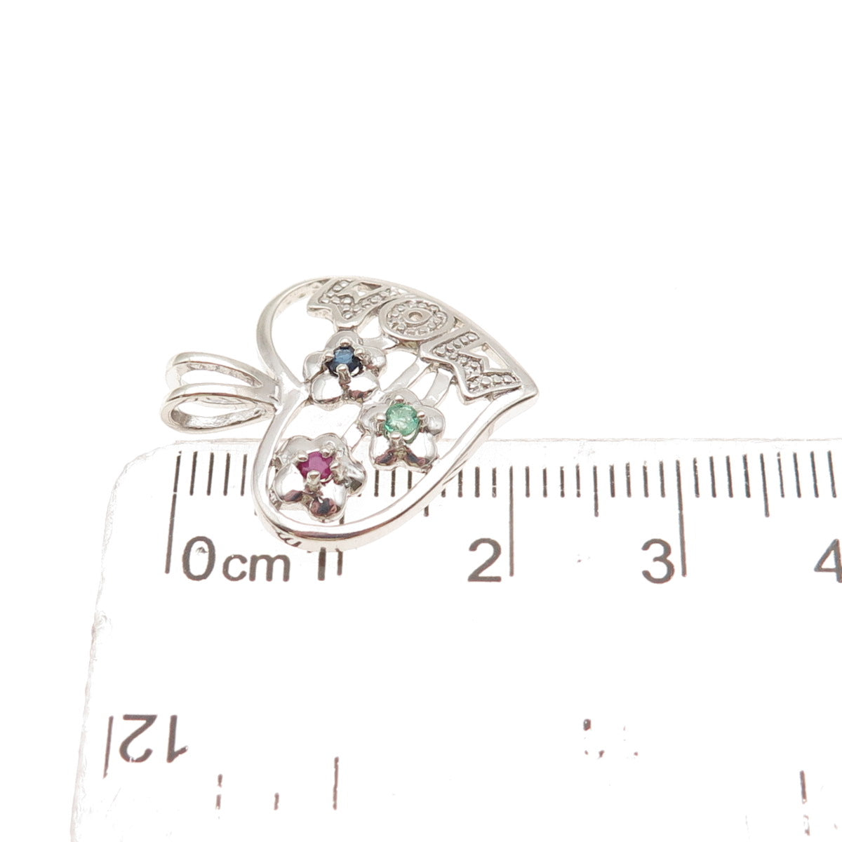 Nevada 925 Sterling Silver Real Ruby Sapphire & Emerald Mom Heart Charm Pendant