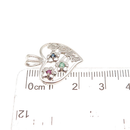 Nevada 925 Sterling Silver Real Ruby Sapphire & Emerald Mom Heart Charm Pendant