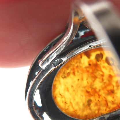 925 Sterling Silver Vintage Poland Real Baltic Amber Modernist Ring Size 8.25