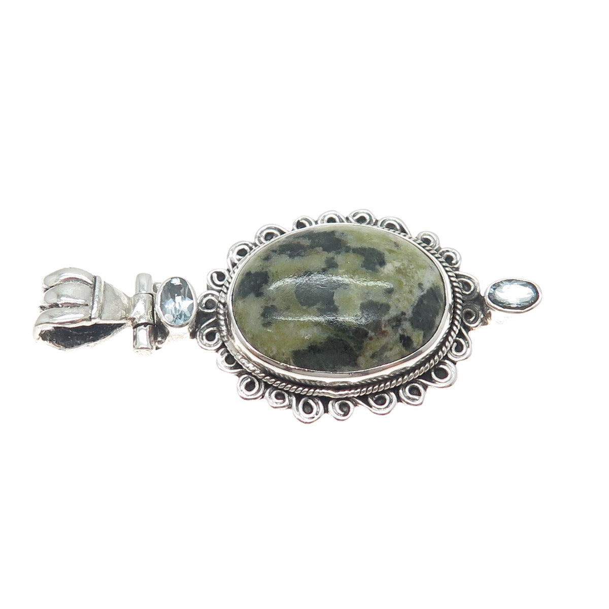 925 Sterling Silver Vintage Real Serpentine & Blue Topaz Charm Pendant