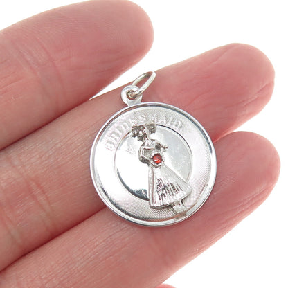 925 Sterling Silver Vintage Red C Z "Bridesmaid" Charm Pendant