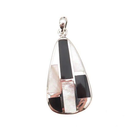 925 Sterling Silver Vintage Real Black Onyx & MOP Modernist Charm Pendant