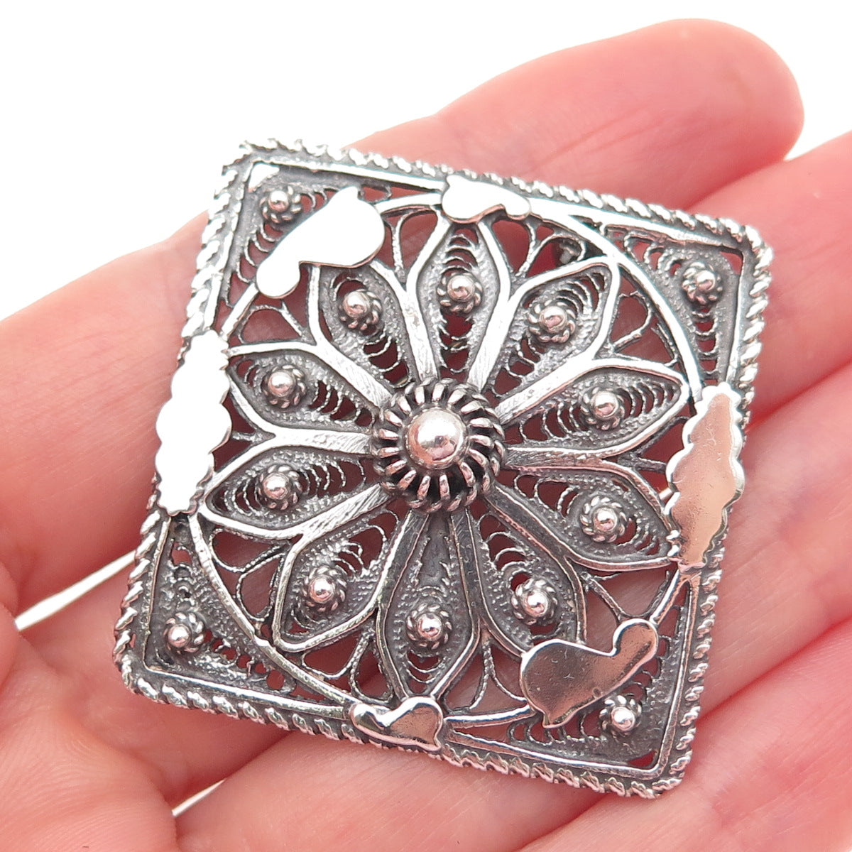 925 Sterling Silver Vintage Cannetille Filigree Oxidized Pin Brooch