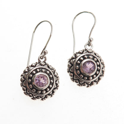 925 Sterling Silver Vintage Real Amethyst Oxidized Dangle Earrings