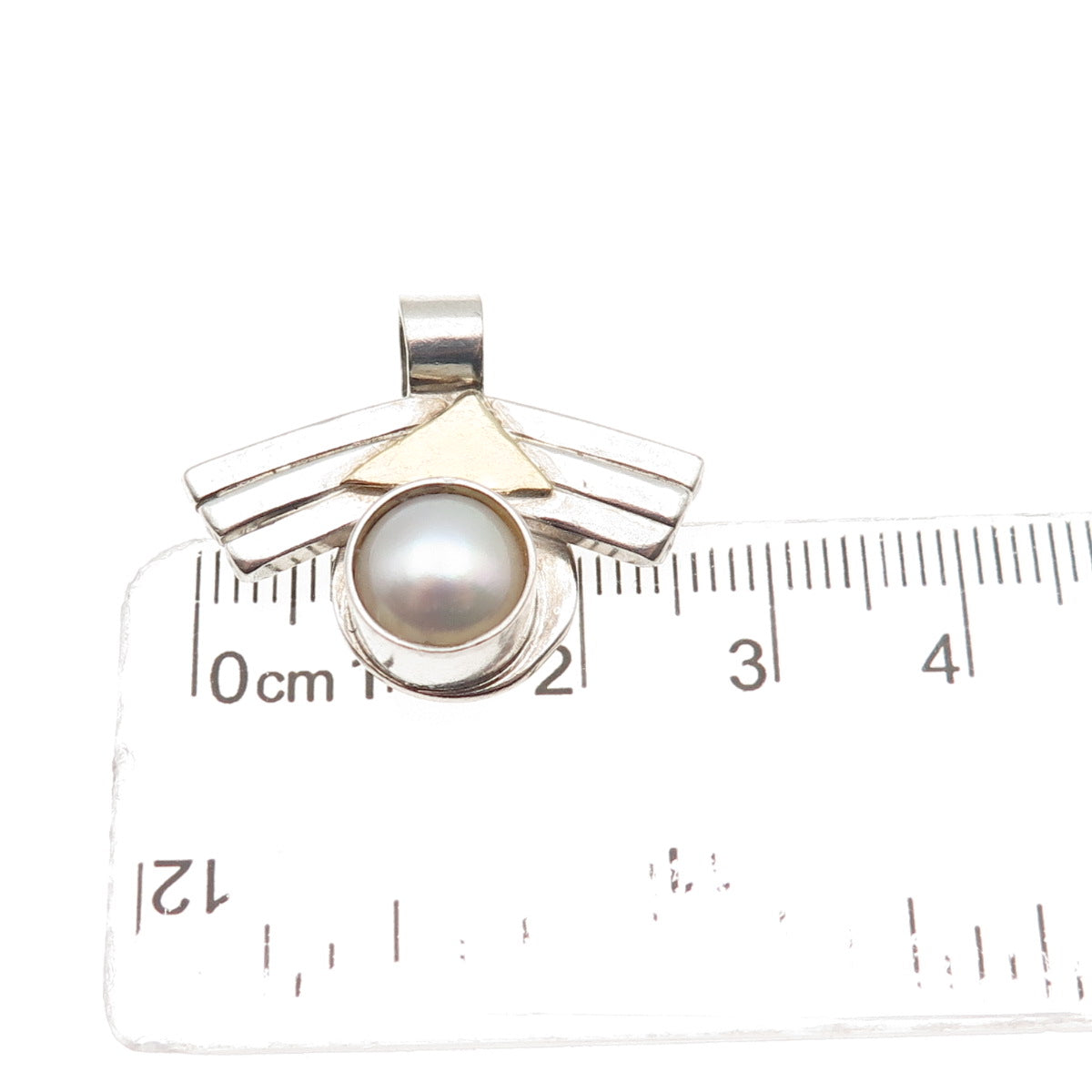 925 Sterling Silver 18K Gold Vintage Real Pearl Modernist Charm Pendant
