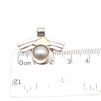 925 Sterling Silver 18K Gold Vintage Real Pearl Modernist Charm Pendant