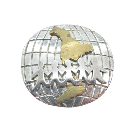 925 Sterling Silver 2-Tone Vintage Mexico Kids Holding Hands Globe Pin Brooch