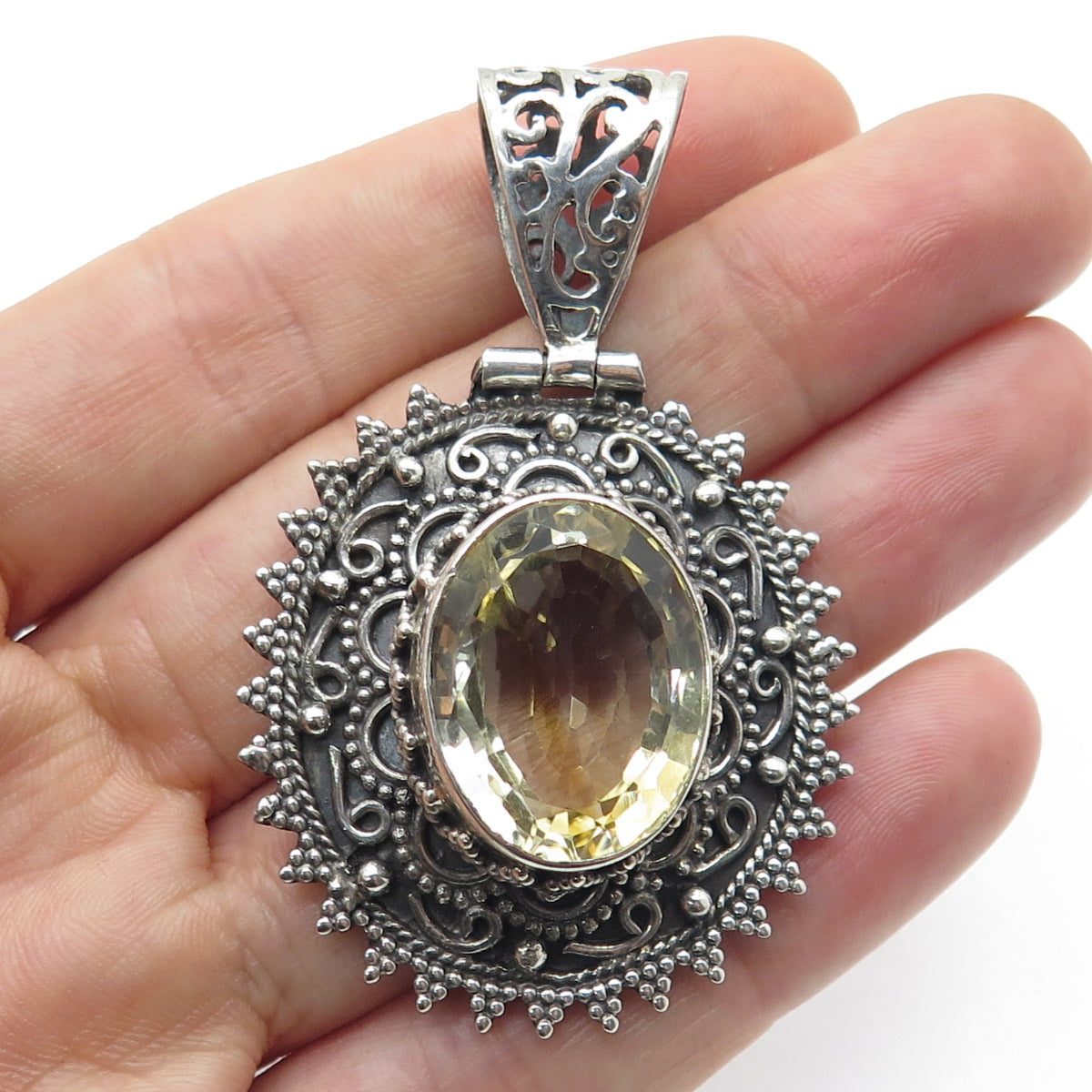 925 Sterling Silver Vintage Real Oval-Cut Citrine Floral Oxidized Pendant