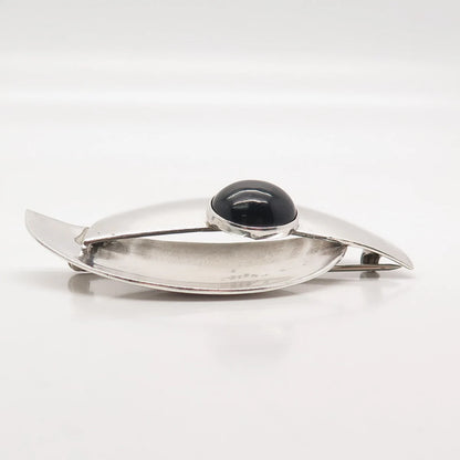925 Sterling Silver Vintage Mexico Real Black Onyx Gem Modernist Pin Brooch