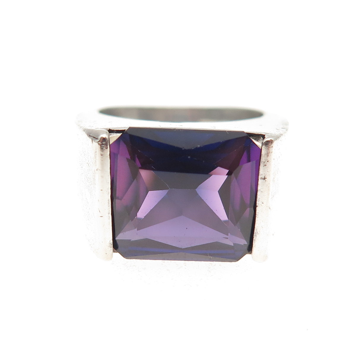 925 Sterling Vintage Lab-Created Peacock Sapphire Modernist Ring Size 7.25