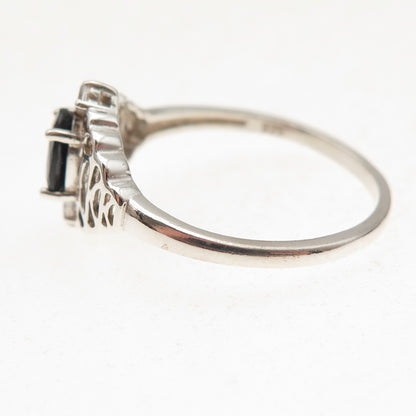 925 Sterling Silver Real Oval-Cut Sapphire & C Z Ring Size 11
