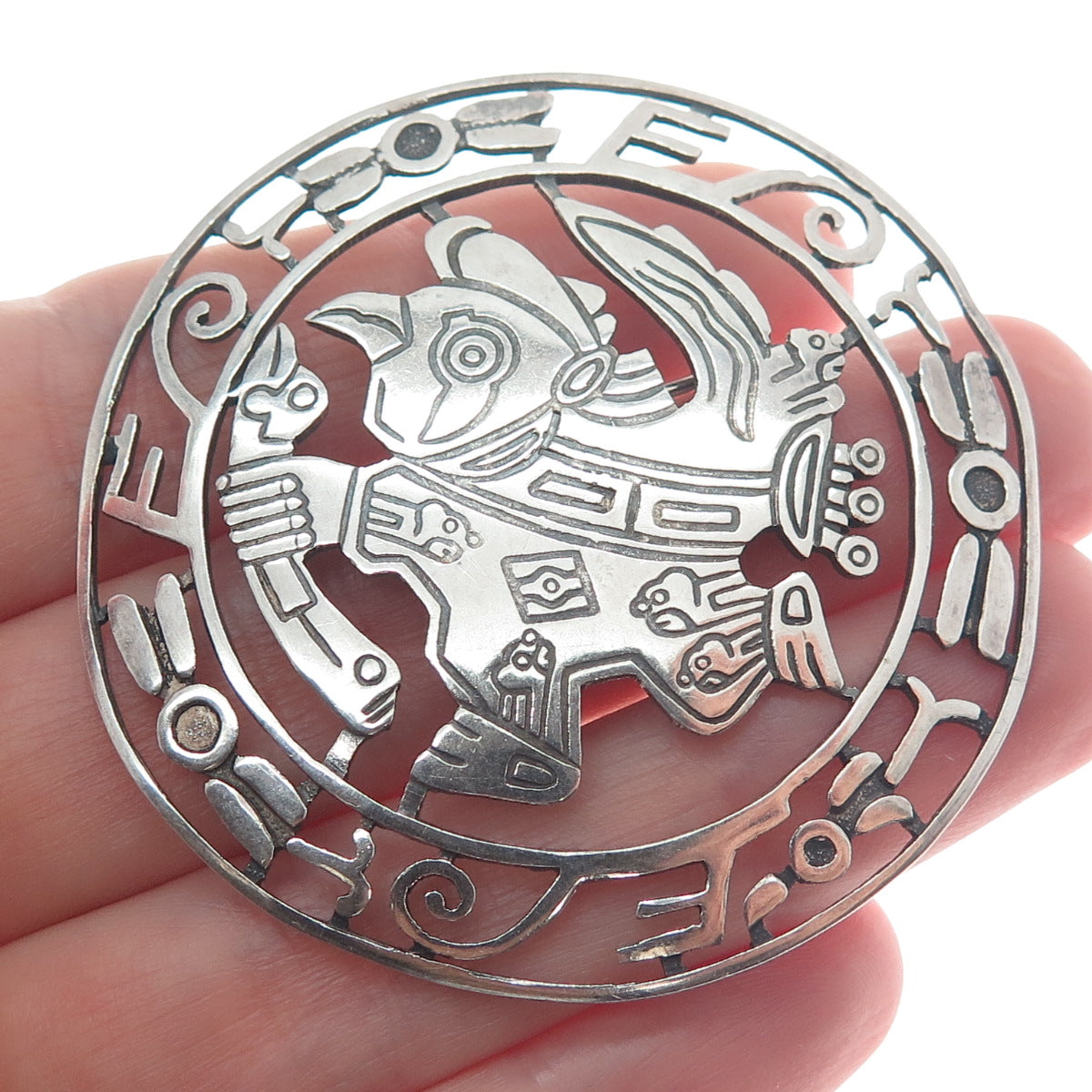 925 Sterling Silver Vintage Bird Symbol Aztec Warrior Oxidized Pin Brooch