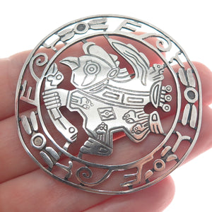 925 Sterling Silver Vintage Bird Symbol Aztec Warrior Oxidized Pin Brooch