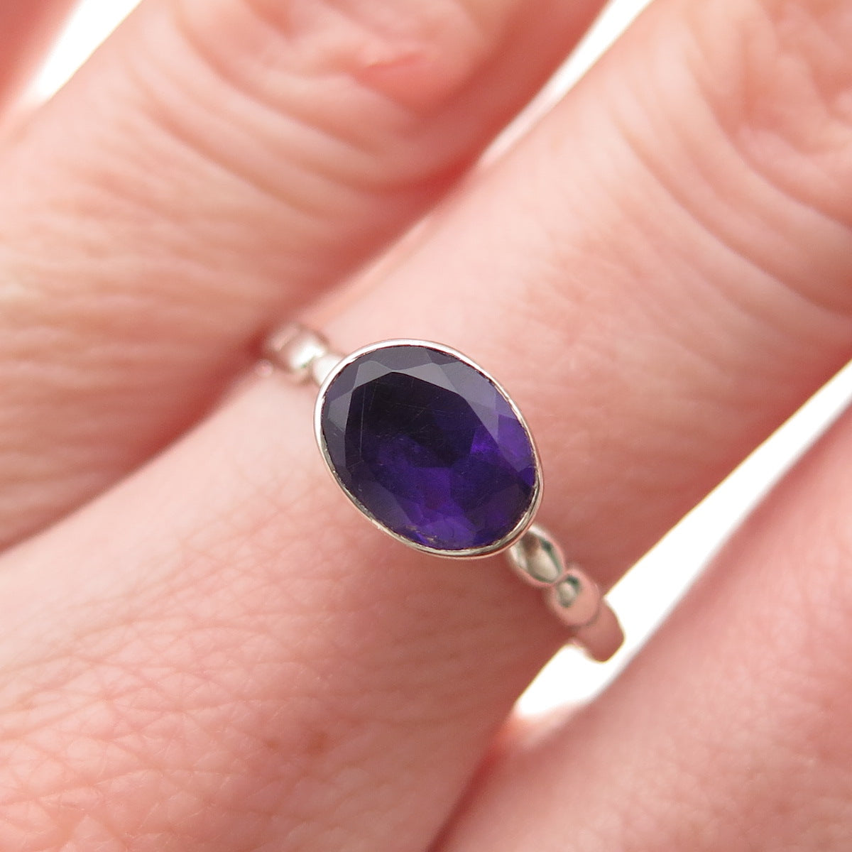 925 Sterling Silver Vintage Real Oval-Cut Amethyst Bubble Ring Size 7