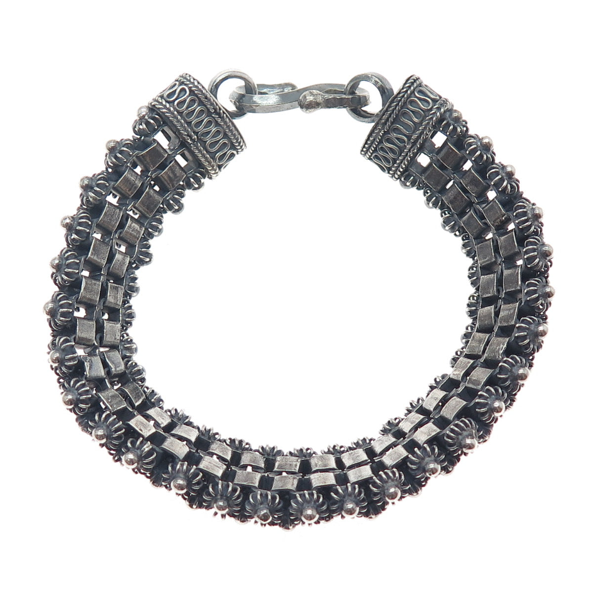 925 Sterling Silver Vintage Oxidized Cannetille Link Bracelet 7.25"