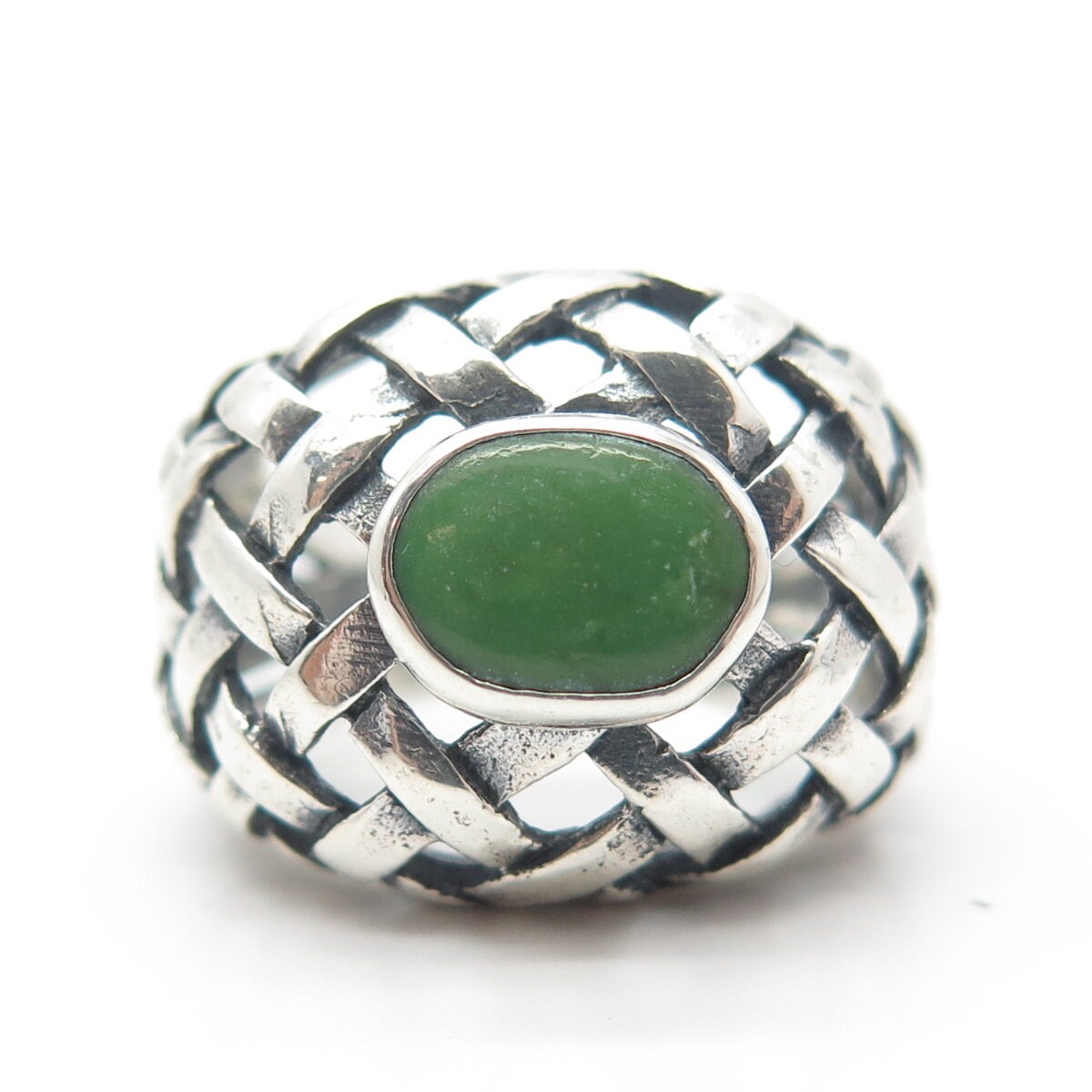 925 Sterling Silver Vintage Real Jade Gemstone Cage Ring Size 6