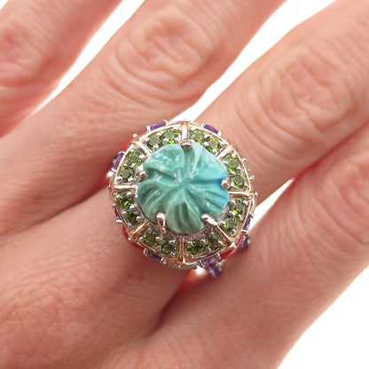 Chuck Clemency 925 Sterling Turquoise Coral Opal Amethyst Peridot Ring Size 8.5