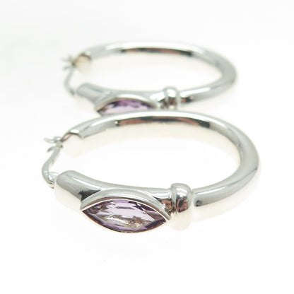 925 Sterling Silver Vintage Real Marquise-Cut Amethyst Oval Hoop Earrings